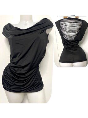 BCX Black Draped Top Open Strappy Back Blouse Women Size Large